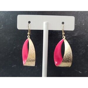 Dangling Pink Enamel Gold Tone Metal Pierced Earrings Vintage Costume Jewelry